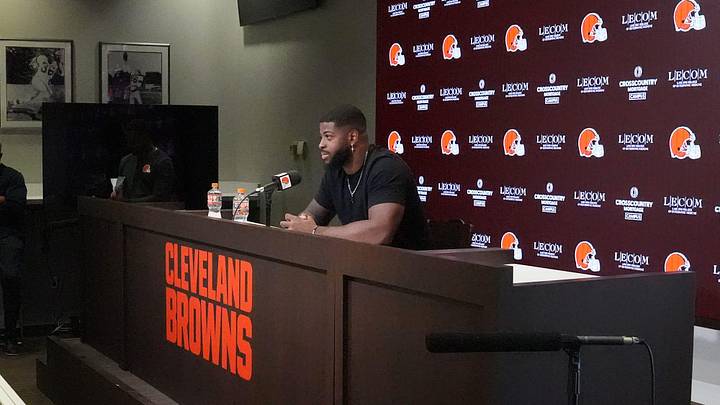 Cleveland Brown’s Jared Verse talks to the media after taking part in OTA’s at CrossCountry Mortgage Campus of the Cleveland Browns in Berea, Ohio on June 2, 2026.