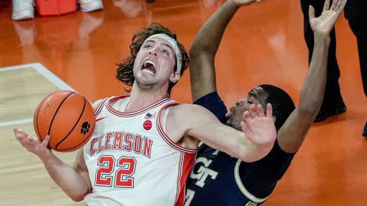 Clemson forward Carter Welling (22) takes a shot near Georgia Tech guard Chas Kelley III (7) during the second half at Littlejohn Coliseum in Clemson, S.C Saturday, March 7, 2026.