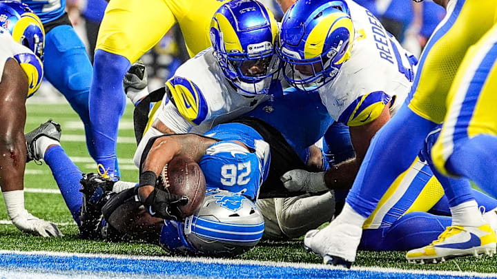 Detroit Lions running back Jahmyr Gibbs (26) runs for a touchdown against Los Angeles Rams during the first half at Ford Field in Detroit on Sunday, September 8, 2024. Detroit Lions running back Jahmyr Gibbs (26) runs for a touchdown against Los Angeles Rams during the first half at Ford Field in Detroit on Sunday, September 8, 2024.