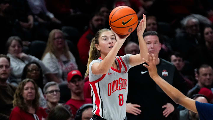 Ohio State Buckeyes guard Bryn Martin (8) shoots the ball in the second half of the NCAA basketball game at Value City Arena on Wednesday, Jan. 14, 2026 in Columbus, Ohio.