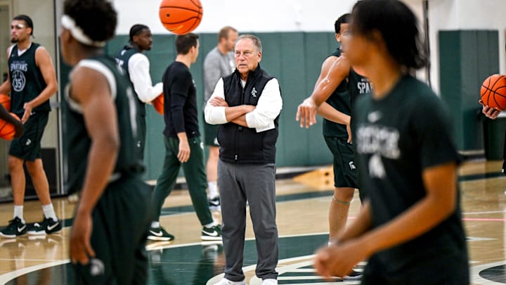 Michigan State's coach Tom Izzo watches during the first day of basketball practice on Monday, Sept. 22, 2025, at the Breslin Center in East Lansing.