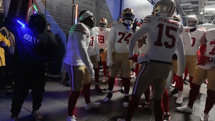 49ers team listen to a song in the tunnel to get them going before their away game against the Buffalo Bills in Orchard Park on Dec. 1, 2024. Leading the team in song and dance are Deebo Samuel Sr. and Jauan Jennings, both wide receivers. 49ers team listen to a song in the tunnel to get them going before their away game against the Buffalo Bills in Orchard Park on Dec. 1, 2024. Leading the team in song and dance are Deebo Samuel Sr. and Jauan Jennings, both wide receivers.