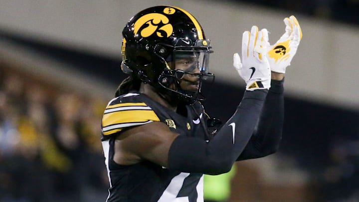 Iowa defensive back Jermari Harris (27) applauds after a play against Wisconsin Saturday, Nov. 2, 2024 at Kinnick Stadium in Iowa City, Iowa.