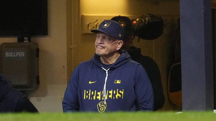 Jun 1, 2026; Milwaukee, Wisconsin, USA; Milwaukee Brewers manager Pat Murphy (49) looks on from the dug out during the fifth inning against the San Francisco Giants at American Family Field. Mandatory Credit: Michael McLoone-Imagn Images