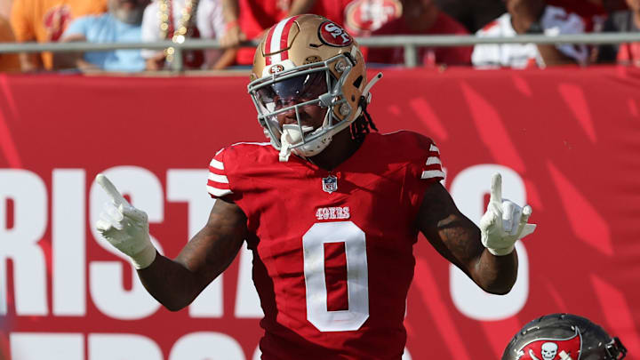 Nov 10, 2024; Tampa, Florida, USA; San Francisco 49ers cornerback Renardo Green (0) celebrates after he breaks up Tampa Bay Buccaneers wide receiver Ryan Miller (81) catch during the second half at Raymond James Stadium. Mandatory Credit: Kim Klement Neitzel-Imagn Images