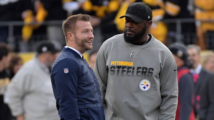 Nov 10, 2019; Pittsburgh, PA, USA; Los Angeles Rams head coach Sean McVay (left) talks with Pittsburgh Steelers head coach Mike Tomlin before the game at Heinz Field. Mandatory Credit: Kirby Lee-Imagn Images Nov 10, 2019; Pittsburgh, PA, USA; Los Angeles Rams head coach Sean McVay (left) talks with Pittsburgh Steelers head coach Mike Tomlin before the game at Heinz Field. Mandatory Credit: Kirby Lee-Imagn Images