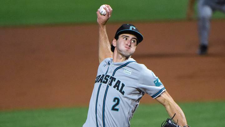 Coastal Carolina Chanticleer's Cameron Flukey (2) pitches against Auburn during NCAA Baseball Super Regonal action at Plainsman Park on the Auburn University campus in Auburn, Ala., on Friday June 6, 2025.