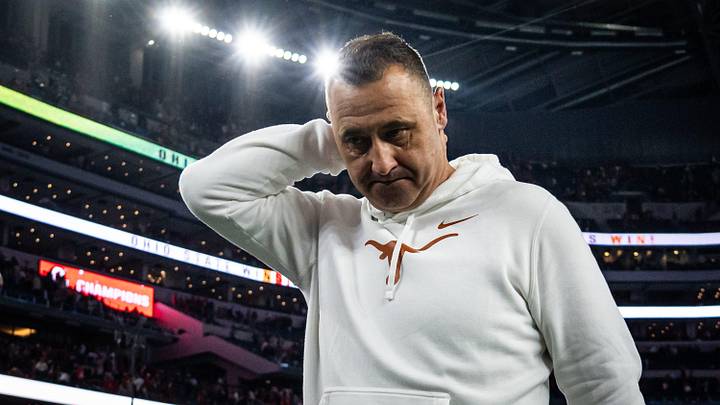 Texas coach Steve Sarkisian reacts as he heads to the locker room after his team's loss to Ohio State in the 2025 Cotton Bowl at A&T Stadium in Dallas.