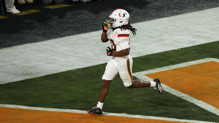 Jan 19, 2026; Miami Gardens, FL, USA; Miami Hurricanes wide receiver Malachi Toney (10) celebrates after scoring a touchdown against the Indiana Hoosiers in the fourth quarter during the College Football Playoff National Championship game at Hard Rock Stadium. Mandatory Credit: Kim Klement Neitzel-Imagn Images Jan 19, 2026; Miami Gardens, FL, USA; Miami Hurricanes wide receiver Malachi Toney (10) celebrates after scoring a touchdown against the Indiana Hoosiers in the fourth quarter during the College Football Playoff National Championship game at Hard Rock Stadium. Mandatory Credit: Kim Klement Neitzel-Imagn Images