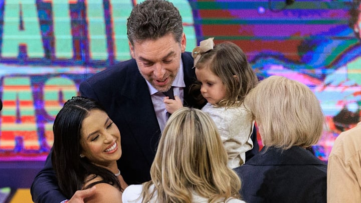 March 7, 2023: Pau Gasol embraces Vanessa Bryant during his jersey retirement ceremony at halftime in the NBA.