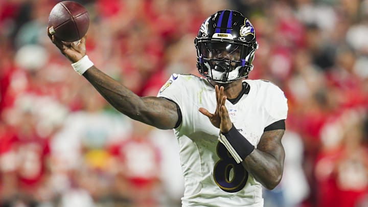 Sep 5, 2024; Kansas City, Missouri, USA; Baltimore Ravens quarterback Lamar Jackson (8) throws a pass during the second half against the Kansas City Chiefs at GEHA Field at Arrowhead Stadium. Mandatory Credit: Jay Biggerstaff-Imagn Images Sep 5, 2024; Kansas City, Missouri, USA; Baltimore Ravens quarterback Lamar Jackson (8) throws a pass during the second half against the Kansas City Chiefs at GEHA Field at Arrowhead Stadium. Mandatory Credit: Jay Biggerstaff-Imagn Images