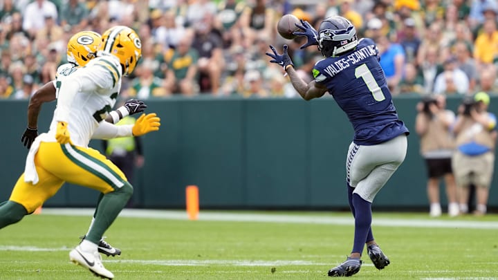 Aug 23, 2025; Green Bay, Wisconsin, USA; Seattle Seahawks wide receiver Marquez Valdes-Scantling (1) catches a pass during the second quarter against the Green Bay Packers at Lambeau Field.
