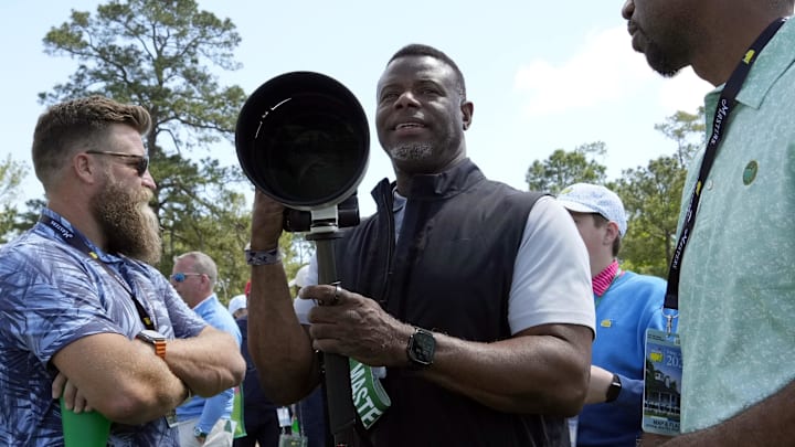 Griffey Jr. photographs on the second hole during the second round of the Masters Tournament at Augusta National Golf Club. 