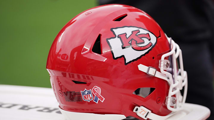 Sep 14, 2025; Kansas City, Missouri, USA; A Kansas City Chiefs helmet is seen during the third quarter of the game between the Kansas City Chiefs and the Philadelphia Eagles at GEHA Field at Arrowhead Stadium. Mandatory Credit: Denny Medley-Imagn Images