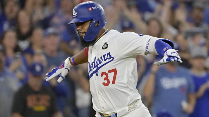 Oct 26, 2024; Los Angeles, California, USA; Los Angeles Dodgers outfielder Teoscar Hernandez (37) celebrates after hitting a two run home run in the third inning against the New York Yankees during game two of the 2024 MLB World Series at Dodger Stadium. Mandatory Credit: Jayne Kamin-Oncea-Imagn Images