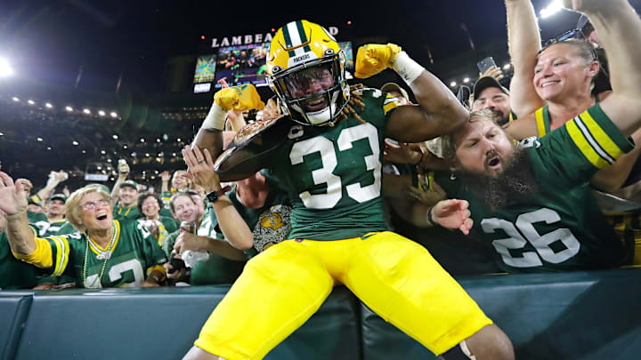 Green Bay Packers running back Aaron Jones celebrates.