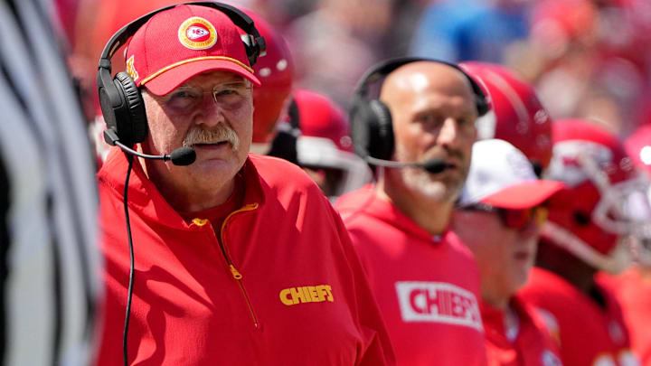 Kansas City Chiefs head coach Andy Reid watches play against the Detroit Lions during the first half at GEHA Field at Arrowhead Stadium.
