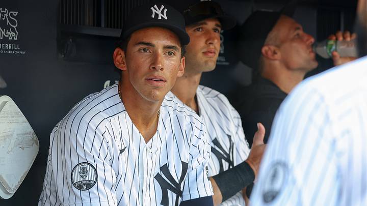 Aug 4, 2026; Bronx, New York, USA;  New York Yankees shortstop George Lombard Jr. (96) in the dugout before the game against the St. Louis Cardinals at Yankee Stadium. Mandatory Credit: Vincent Carchietta-Imagn Images