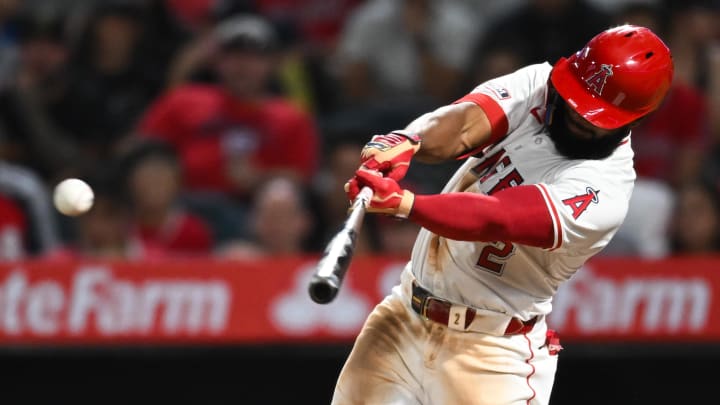 Jun 29, 2024; Anaheim, California, USA; Los Angeles Angels third baseman Luis Rengifo (2) singles against the Detroit Tigers during the seventh inning at Angel Stadium. Mandatory Credit: Jonathan Hui-USA TODAY Sports Jun 29, 2024; Anaheim, California, USA; Los Angeles Angels third baseman Luis Rengifo (2) singles against the Detroit Tigers during the seventh inning at Angel Stadium. Mandatory Credit: Jonathan Hui-USA TODAY Sports
