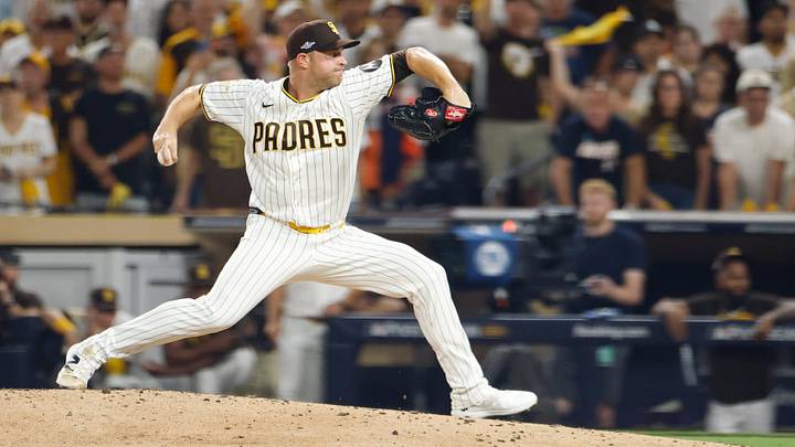 Oct 6, 2026; San Diego, California, USA;  San Diego Padres pitcher Michael King (34) pitches during the ninth inning against the Milwaukee Brewers in game three of the NLDS for the 2026 MLB Playoffs at Petco Park.  Mandatory Credit: David Frerker-Imagn Images