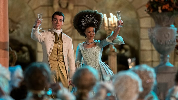 Queen Charlotte: A Bridgerton Story. (L to R) Corey Mylchreest as Young King George, India Amarteifio as Young Queen Charlotte in episode 106 of Queen Charlotte: A Bridgerton Story. Cr. Nick Wall/Netflix © 2023