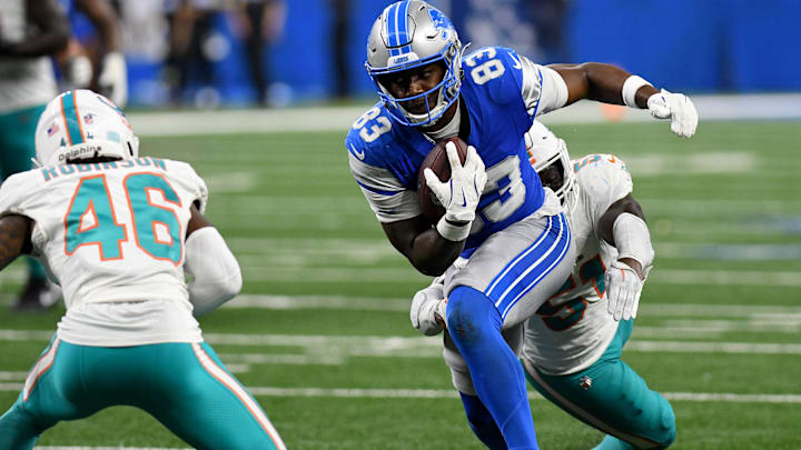 Aug 16, 2025; Detroit, Michigan, USA; Detroit Lions wide receiver Jackson Meeks (83) runs the ball against the Miami Dolphins in the fourth quarter at Ford Field.