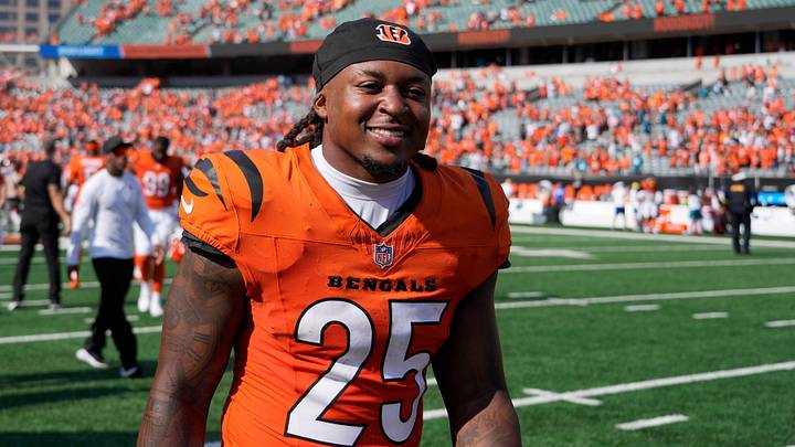Cincinnati Bengals running back Tahj Brooks (25) celebrates the Bengals win over the Jacksonville Jaguars at Paycor Stadium on Sunday, September 14, 2025.
