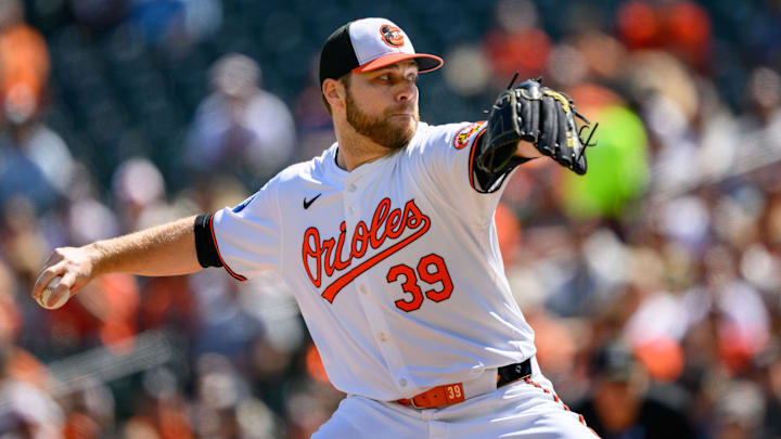 Sep 8, 2024; Baltimore, Maryland, USA; Baltimore Orioles pitcher Corbin Burnes (39) throws a pitch during the first inning against the Tampa Bay Rays at Oriole Park at Camden Yards.