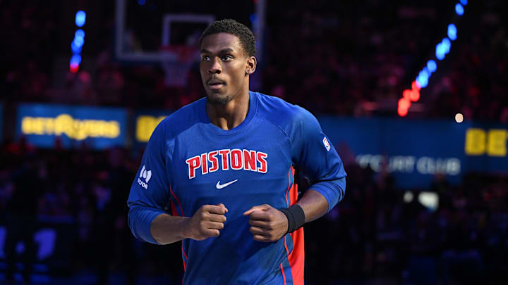 Detroit Pistons center Jalen Duren (0) takes the floor during player introductions before their game against the Golden State Warriors at Little Caesars Arena. 