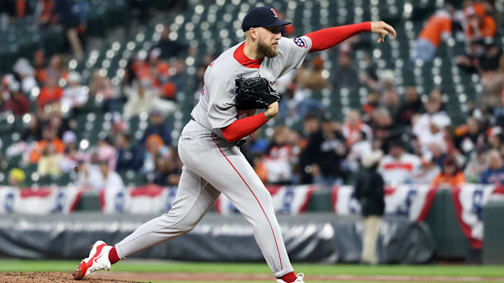 Apr 2, 2025; Baltimore, Maryland, USA; Boston Red Sox pitcher Garrett Crochet (35) throws during the second inning against the Baltimore Orioles at Oriole Park at Camden Yards. Mandatory Credit: Daniel Kucin Jr.-Imagn Images