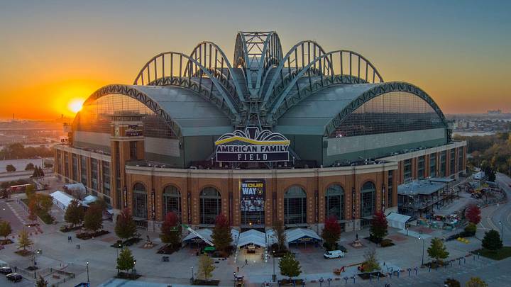 The sun rises behind American Family Field in Milwaukee, Wisconsin on Oct. 22, 2026, where the Milwaukee Brewers will play the Tampa Bay Rays in Game 1 of the World Series starting Friday, October 23.