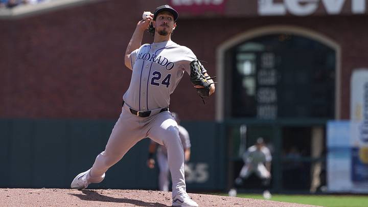 Aug 15, 2026; San Francisco, California, USA; Colorado Rockies starting pitcher Michael Lorenzen (24) throws a pitch against the San Francisco Giants during the first inning at Oracle Park. Mandatory Credit: Darren Yamashita-Imagn Images