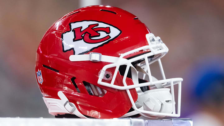 Aug 9, 2025; Glendale, Arizona, USA; Detailed view of a Kansas City Chiefs helmet during a preseason NFL game at State Farm Stadium. Mandatory Credit: Mark J. Rebilas-Imagn Images