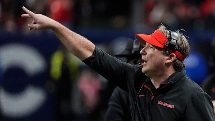 Georgia coach Kirby Smart reacts during overtime of the SEC championship game against Texas in Atlanta, on Saturday, Dec. 7, 2024. Georgia coach Kirby Smart reacts during overtime of the SEC championship game against Texas in Atlanta, on Saturday, Dec. 7, 2024.