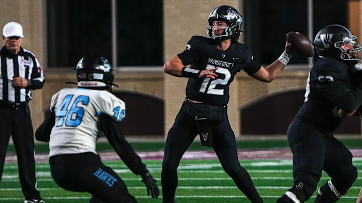 Vandegrift quarterback Miles Teodecki (12) throws a pass during the Class 6A Division II regional final playoff game against San Antonio Harlan at UFCU Stadium on Friday, Dec. 6, 2024 in San Marcos, Texas.