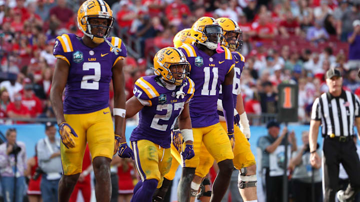 Jan 1, 2024; Tampa, FL, USA;  LSU Tigers wide receiver Brian Thomas Jr. (11) celebrates after