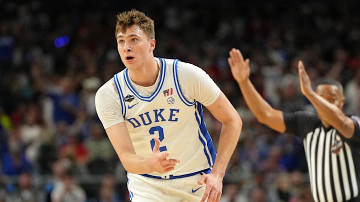 Apr 5, 2025; San Antonio, TX, USA; Duke Blue Devils forward Cooper Flagg (2) reacts after a three point basket against the Houston Cougars during the first half in the semifinals of the men's Final Four of the 2025 NCAA Tournament at the Alamodome. Mandatory Credit: Bob Donnan-Imagn Images Apr 5, 2025; San Antonio, TX, USA; Duke Blue Devils forward Cooper Flagg (2) reacts after a three point basket against the Houston Cougars during the first half in the semifinals of the men's Final Four of the 2025 NCAA Tournament at the Alamodome. Mandatory Credit: Bob Donnan-Imagn Images