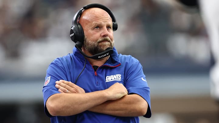 Sep 14, 2025; Arlington, Texas, USA; New York Giants head coach Brian Daboll reacts after a play against the Dallas Cowboys during the second quarter at AT&T Stadium. Mandatory Credit: Kevin Jairaj-Imagn Images
