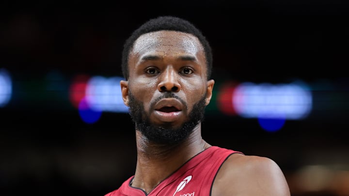 Feb 9, 2026; Miami, Florida, USA; Miami Heat forward Andrew Wiggins (22) looks on against the Utah Jazz during the third quarter at Kaseya Center. Mandatory Credit: Sam Navarro-Imagn Images