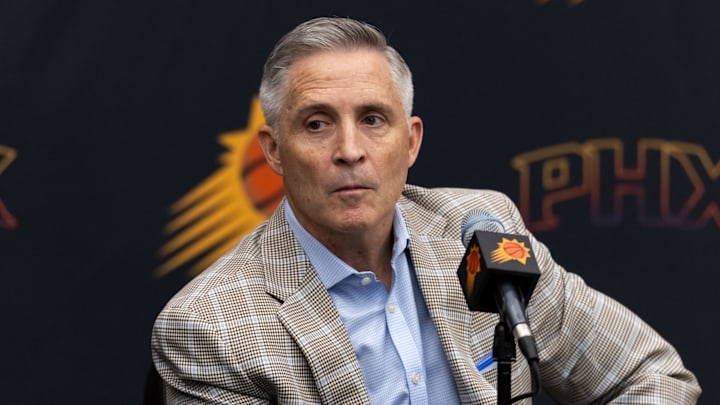 Jun 10, 2025; Scottsdale, AZ, USA; Phoenix Suns general manager Brian Gregory during an introductory press conference at the Verizon 5g Performance Center. Mandatory Credit: Mark J. Rebilas-Imagn Images