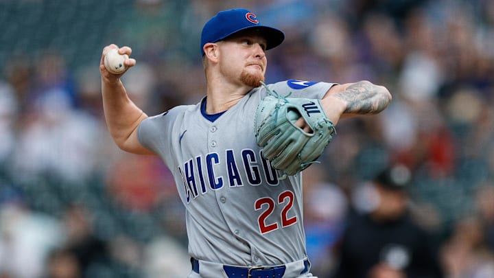 Chicago Cubs starting pitcher Cade Horton (22) pitches in the first inning against the Colorado Rockies at Coors Field. 