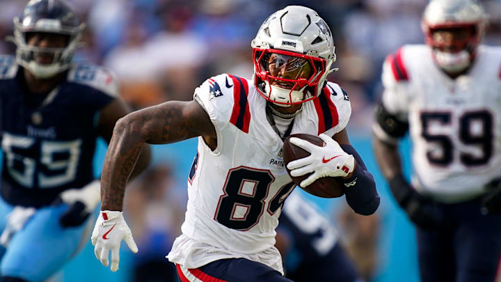 New England Patriots wide receiver Kendrick Bourne (84) runs the ball against the Tennessee Titans during the fourth quarter at Nissan Stadium in Nashville, Tenn., Sunday, Nov. 3, 2024.
