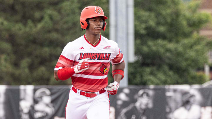 Louisville outfielder Eddie King Jr. runs the bases after hitting a home run in the third to put the Cards up 3-1 during the NCAA baseball Super Regional game 2 at Jim Patterson Stadium on June 7, 2025 in Louisville, Ky.