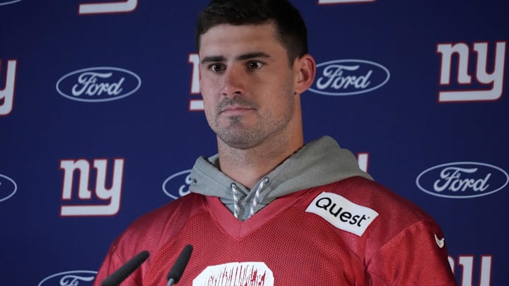 Nov 8, 2024; Munich, Germany; New York Giants quarterback Daniel Jones (8) during press conference at the FC Bayern Munchen training grounds at Sabener Strasse.  Mandatory Credit: Kirby Lee-Imagn Images