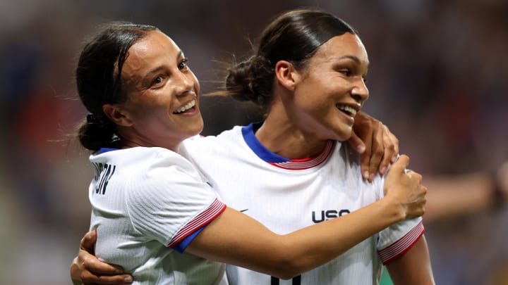 Jul 25, 2024; Nice, France; Mallory Swanson of United States celebrates scoring a goal with Sophia Smith against Zambia in a women's Group B match during the Paris 2024 Olympic Summer Games at Allianz Riviera. Jul 25, 2024; Nice, France; Mallory Swanson of United States celebrates scoring a goal with Sophia Smith against Zambia in a women's Group B match during the Paris 2024 Olympic Summer Games at Allianz Riviera.
