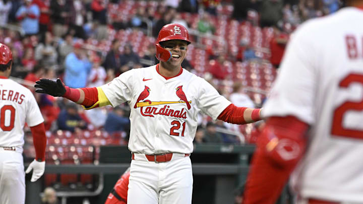 Mar 31, 2025; St. Louis, Missouri, USA; St. Louis Cardinals left fielder Lars Nootbaar (21) celebrates after hitting a solo home run in the first inning against the Los Angeles Angels at Busch Stadium. Mandatory Credit: Joe Puetz-Imagn Images