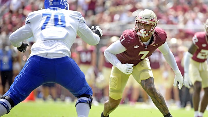 Sep 14, 2024; Tallahassee, Florida, USA; Florida State Seminoles defensive lineman Marvin Jones Jr. (7) pressures against the Memphis Tigers during the first half at Doak S. Campbell Stadium. Mandatory Credit: Melina Myers-Imagn Images Sep 14, 2024; Tallahassee, Florida, USA; Florida State Seminoles defensive lineman Marvin Jones Jr. (7) pressures against the Memphis Tigers during the first half at Doak S. Campbell Stadium. Mandatory Credit: Melina Myers-Imagn Images