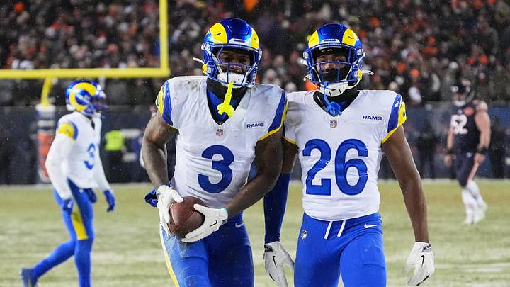 Jan 18, 2026; Chicago, IL, USA; Los Angeles Rams safety Kam Curl (3) celebrates with safety Kamren Kinchens (26) after intercepting a pass intended for Chicago Bears wide receiver DJ Moore (not pictured) during overtime of an NFC Divisional Round game at Soldier Field. Mandatory Credit: David Banks-Imagn Images Jan 18, 2026; Chicago, IL, USA; Los Angeles Rams safety Kam Curl (3) celebrates with safety Kamren Kinchens (26) after intercepting a pass intended for Chicago Bears wide receiver DJ Moore (not pictured) during overtime of an NFC Divisional Round game at Soldier Field. Mandatory Credit: David Banks-Imagn Images