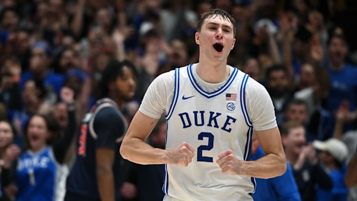 Dec 4, 2024; Durham, North Carolina, USA; Duke Blue Devils forward Cooper Flagg (2) reacts at the end of a game against the Auburn Tigers at Cameron Indoor Stadium.  The Blue Devils won 84-78.   Mandatory Credit: Rob Kinnan-Imagn Images