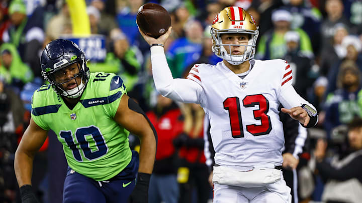 Dec 15, 2022; Seattle, Washington, USA; San Francisco 49ers quarterback Brock Purdy (13) passes in Dec 15, 2022; Seattle, Washington, USA; San Francisco 49ers quarterback Brock Purdy (13) passes in